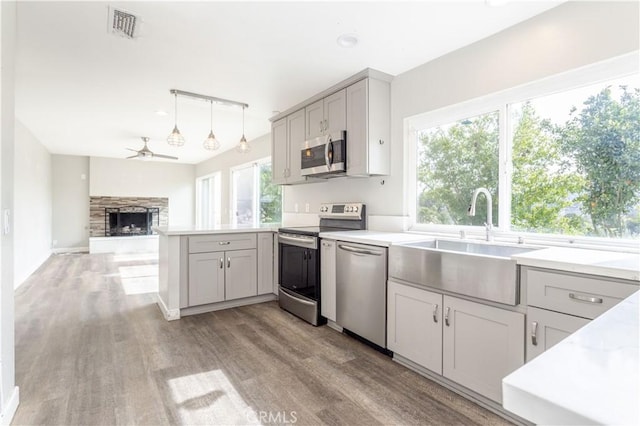 28414 Winterdale Dr, Canyon Country, CA 91387 - kitchen with stainless steel appliances, a peninsula, visible vents, light wood-style floors, and a ceiling fan