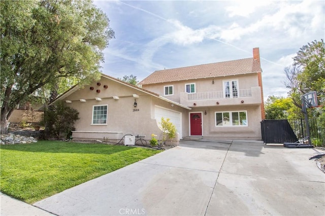 28414 Winterdale Dr, Canyon Country, CA 91387 - view of front facade with a front lawn, a balcony, stucco siding, concrete driveway, and a garage