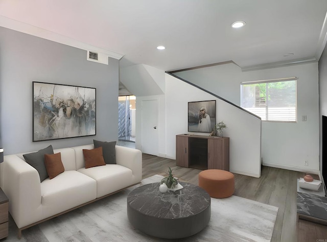 438 S Anza St, El Cajon, CA 92020 - living area with visible vents, baseboards, recessed lighting, ornamental molding, and wood finished floors