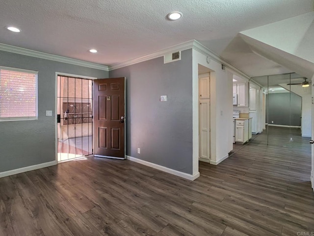 438 S Anza St, El Cajon, CA 92020 - interior space featuring ornamental molding, a textured ceiling, dark wood-style flooring, and baseboards