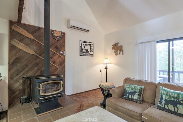 carpeted living room with a wall mounted air conditioner, lofted ceiling, and a wood stove