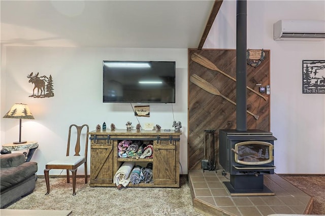 living area with a wall mounted AC, carpet floors, and a wood stove