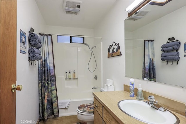 bathroom with shower / tub combo, visible vents, toilet, and vanity