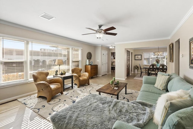 2422 Chatsworth Blvd, Point Loma, CA 92106 - living room with baseboards, ceiling fan, and crown molding