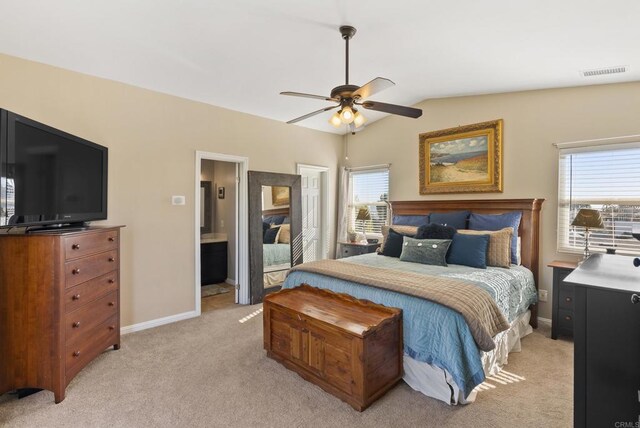 2422 Chatsworth Blvd, Point Loma, CA 92106 - bedroom with vaulted ceiling, baseboards, ceiling fan, visible vents, and light carpet