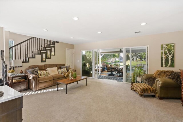 2422 Chatsworth Blvd, Point Loma, CA 92106 - living room featuring stairs, visible vents, recessed lighting, and light colored carpet