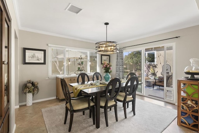 2422 Chatsworth Blvd, Point Loma, CA 92106 - dining space featuring crown molding, light tile patterned floors, baseboards, visible vents, and a notable chandelier