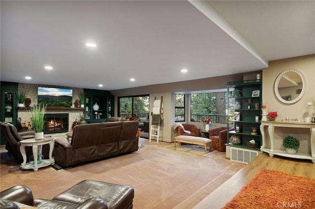 31353 Lightfoot Way, Running Springs, CA 92382 - living area featuring a fireplace, recessed lighting, and wood finished floors