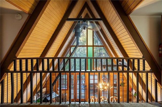 31353 Lightfoot Way, Running Springs, CA 92382 - detailed view of a wooden ceiling with exposed beams, a smoke detector, and a ceiling fan