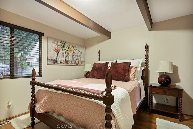 31353 Lightfoot Way, Running Springs, CA 92382 - bedroom with beamed ceiling and wood finished floors