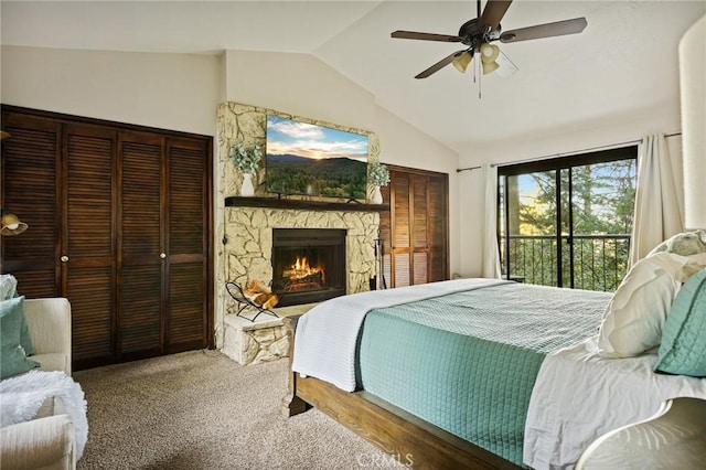 31353 Lightfoot Way, Running Springs, CA 92382 - bedroom with vaulted ceiling, carpet flooring, a fireplace, access to outside, and ceiling fan