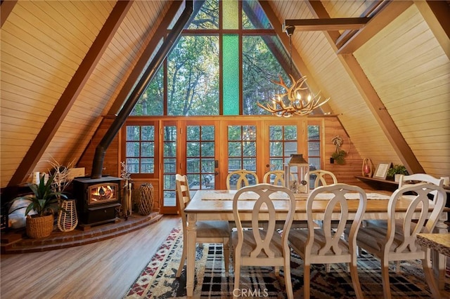 31353 Lightfoot Way, Running Springs, CA 92382 - dining room with wooden ceiling, a wood stove, a chandelier, healthy amount of natural light, and wood finished floors