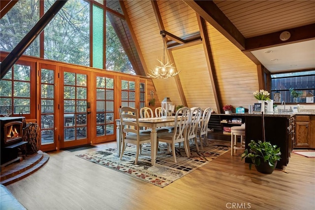 31353 Lightfoot Way, Running Springs, CA 92382 - dining area featuring a wood stove, a chandelier, wood finished floors, and wooden ceiling