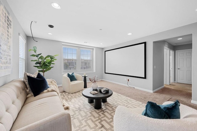 carpeted home theater with a wealth of natural light, baseboards, and recessed lighting