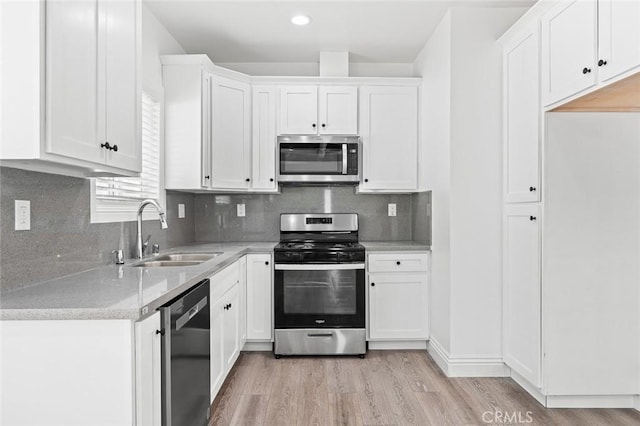kitchen featuring light wood finished floors, white cabinets, a sink, and stainless steel appliances