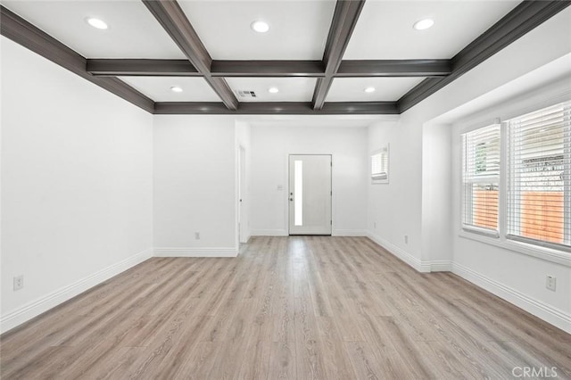 interior space with coffered ceiling, beam ceiling, light wood-type flooring, baseboards, and visible vents