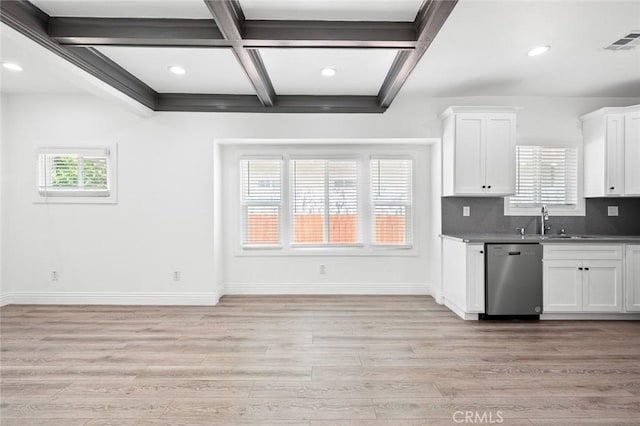 kitchen with decorative backsplash, visible vents, light wood-type flooring, and dishwasher