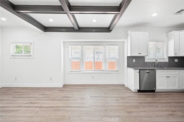 528 W 43rd St, Los Angeles, CA 90037 - kitchen featuring dishwasher, light wood-type flooring, white cabinets, recessed lighting, and coffered ceiling