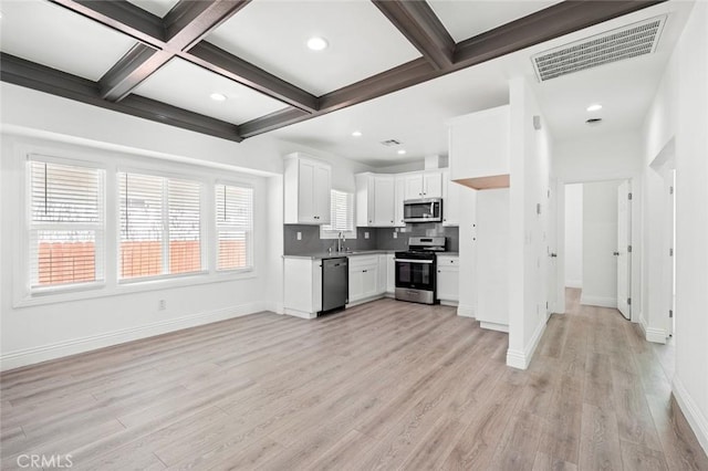 kitchen featuring coffered ceiling, a sink, appliances with stainless steel finishes, light wood-style flooring, and visible vents