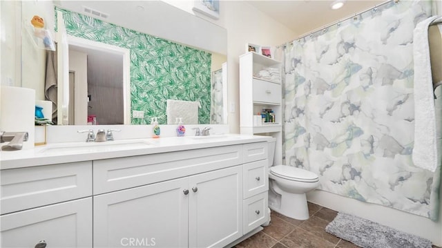 16763 Stags Leap Ln, Fontana, CA 92336 - bathroom featuring double vanity, wallpapered walls, and tile patterned flooring