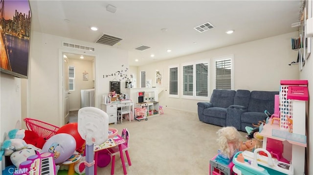 16763 Stags Leap Ln, Fontana, CA 92336 - rec room featuring carpet flooring, washing machine and clothes dryer, and recessed lighting
