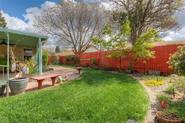 view of yard featuring a patio and a fenced backyard