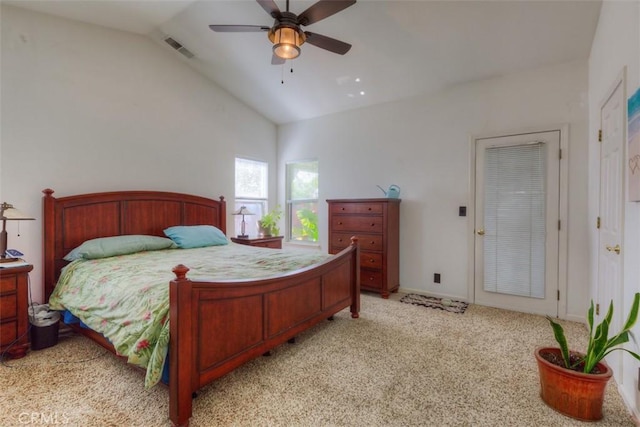 bedroom featuring ceiling fan, visible vents, light colored carpet, and lofted ceiling