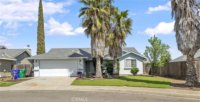 ranch-style home featuring driveway, stucco siding, fence, a front lawn, and a garage