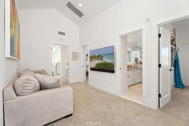 1954 Port Locksleigh Pl, Newport Beach, CA 92660 - living room featuring light carpet and high vaulted ceiling