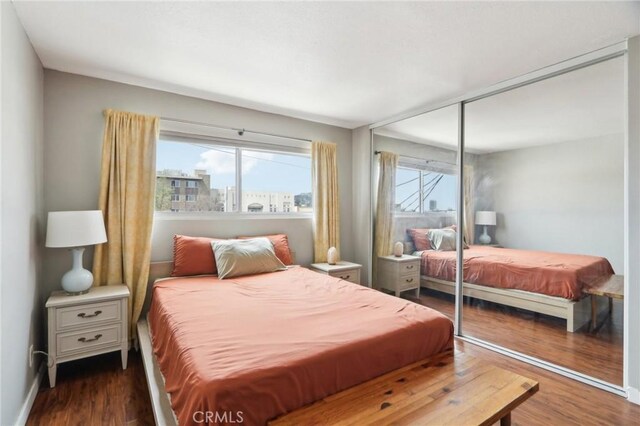 bedroom featuring wood finished floors, a closet, and baseboards