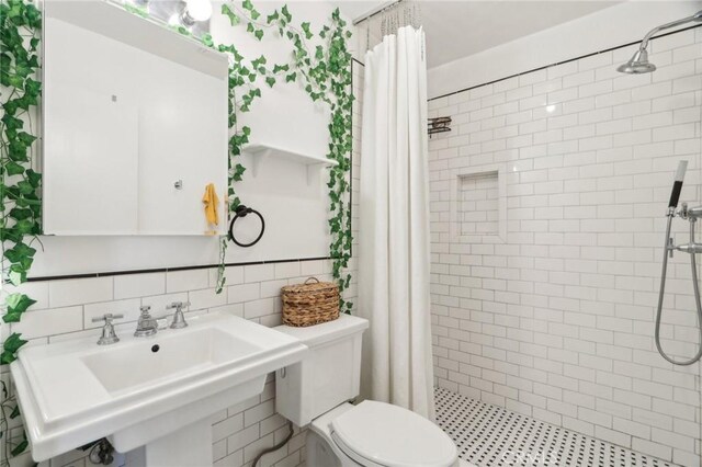 bathroom featuring toilet, a sink, and a stall shower