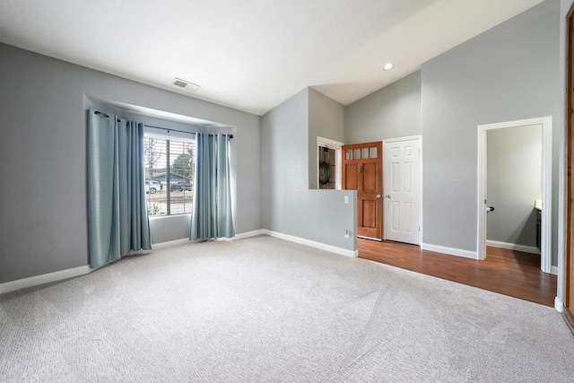 25318 Kerri Ln, Ramona, CA 92065 - carpeted spare room featuring baseboards, visible vents, high vaulted ceiling, and recessed lighting