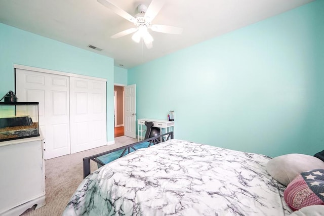 25318 Kerri Ln, Ramona, CA 92065 - bedroom featuring a ceiling fan, carpet floors, a closet, and visible vents