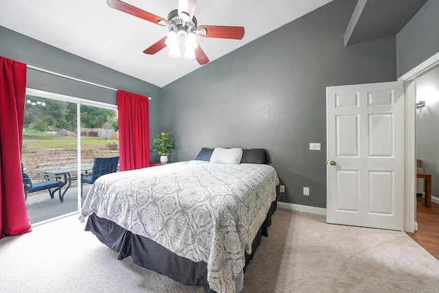 25318 Kerri Ln, Ramona, CA 92065 - carpeted bedroom featuring baseboards, access to exterior, vaulted ceiling, and a ceiling fan