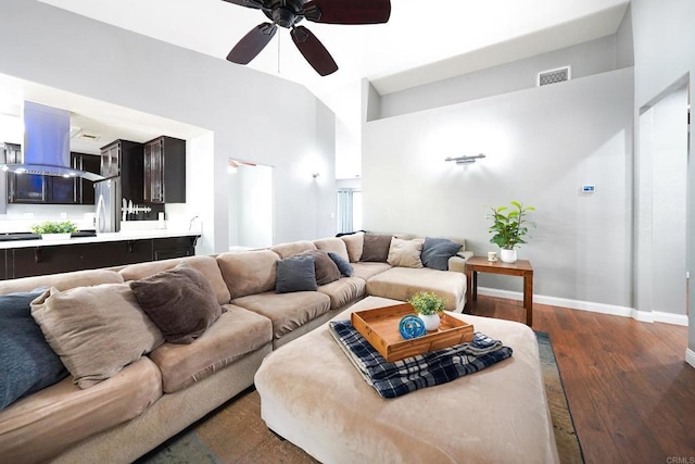 25318 Kerri Ln, Ramona, CA 92065 - living area featuring visible vents, baseboards, ceiling fan, dark wood-style floors, and a high ceiling