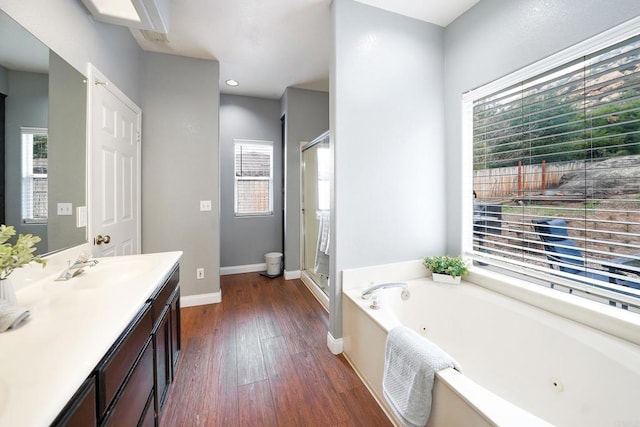 25318 Kerri Ln, Ramona, CA 92065 - bathroom with vanity, a whirlpool tub, baseboards, a stall shower, and wood finished floors