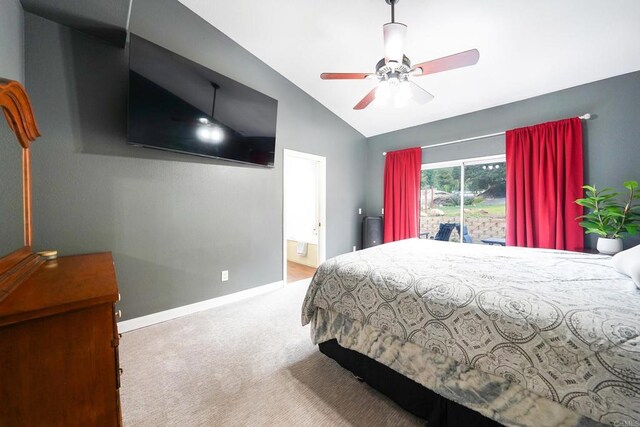 25318 Kerri Ln, Ramona, CA 92065 - bedroom with a ceiling fan, lofted ceiling, ensuite bath, baseboards, and carpet