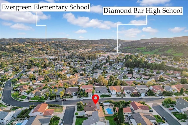 drone / aerial view with a mountain view and a residential view