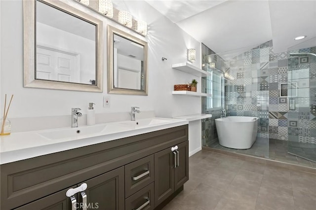 23163 Mulholland Dr Unit 6, Woodland Hills, CA 91364 - full bath with a stall shower, double vanity, a freestanding tub, and tile patterned flooring