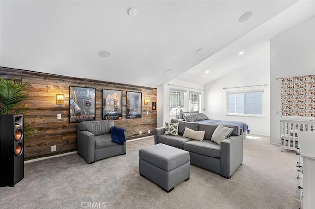 23163 Mulholland Dr Unit 6, Woodland Hills, CA 91364 - living room featuring wood walls, carpet, lofted ceiling, and recessed lighting