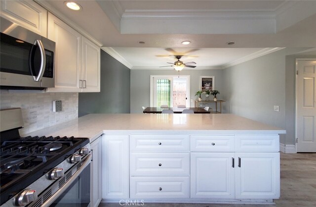 2512 Santa Ana Ave Unit 9, Costa Mesa, CA 92627 - kitchen featuring appliances with stainless steel finishes, a peninsula, backsplash, a ceiling fan, and crown molding