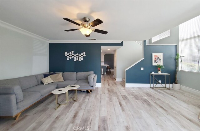 2512 Santa Ana Ave Unit 9, Costa Mesa, CA 92627 - living room with a ceiling fan, wood finished floors, crown molding, and baseboards
