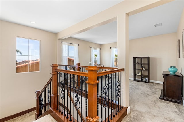34595 Collier Falls Ct, Temecula, CA 92592 - corridor with an upstairs landing, carpet flooring, and recessed lighting