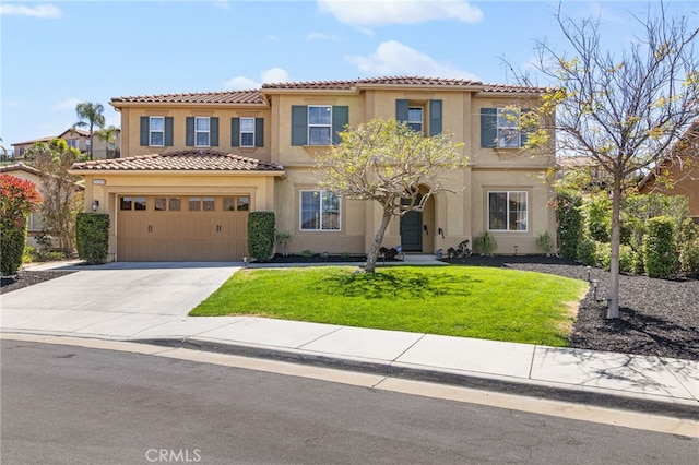 34595 Collier Falls Ct, Temecula, CA 92592 - view of front facade with stucco siding, concrete driveway, a garage, a front yard, and a tile roof