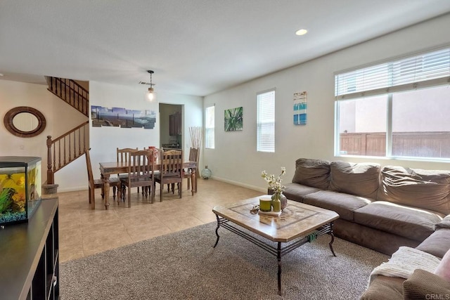 1140 Parkview Dr, Oceanside, CA 92057 - living room with plenty of natural light, light tile patterned floors, baseboards, stairway, and recessed lighting
