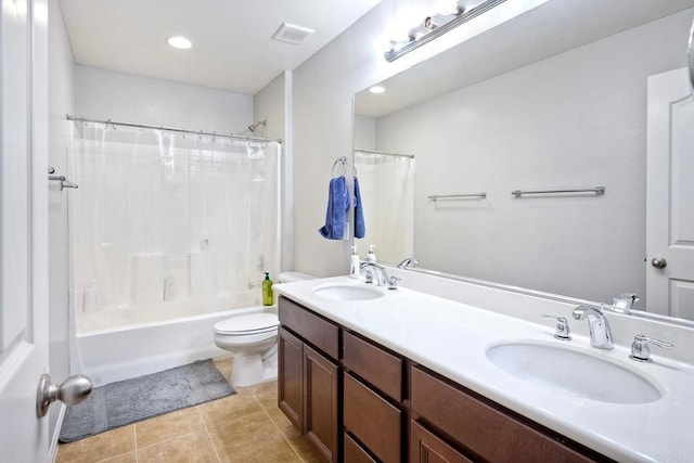 1140 Parkview Dr, Oceanside, CA 92057 - full bath featuring toilet, double vanity, tile patterned floors, and shower / bathtub combination with curtain