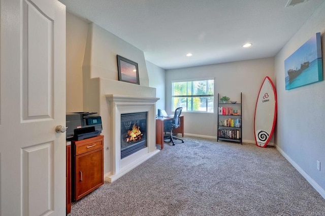 1140 Parkview Dr, Oceanside, CA 92057 - office area featuring carpet floors, a glass covered fireplace, recessed lighting, and baseboards