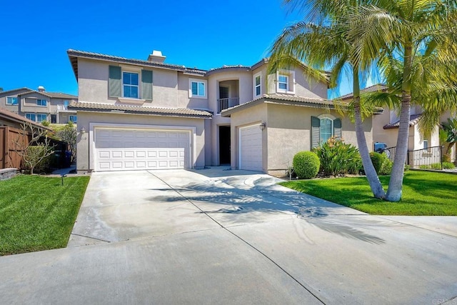 1140 Parkview Dr, Oceanside, CA 92057 - mediterranean / spanish home featuring a garage, a chimney, stucco siding, driveway, and a tiled roof