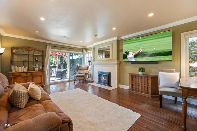 22671 Cheryl Way, Lake Forest, CA 92630 - living room with hardwood / wood-style flooring, recessed lighting, a fireplace with flush hearth, and crown molding