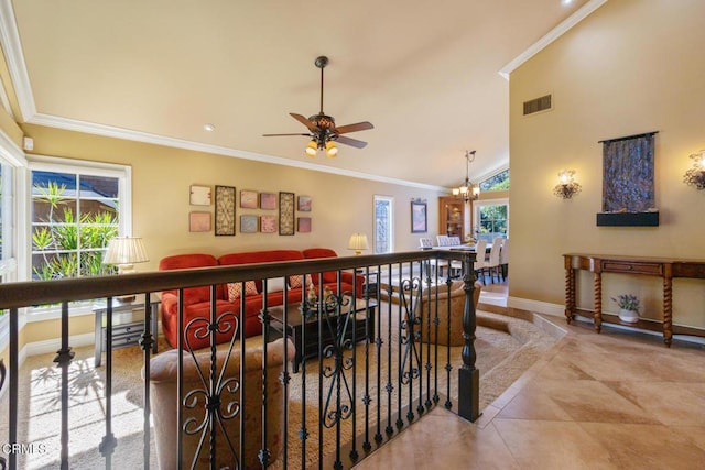 22671 Cheryl Way, Lake Forest, CA 92630 - hall featuring crown molding, a chandelier, vaulted ceiling, and tile patterned floors